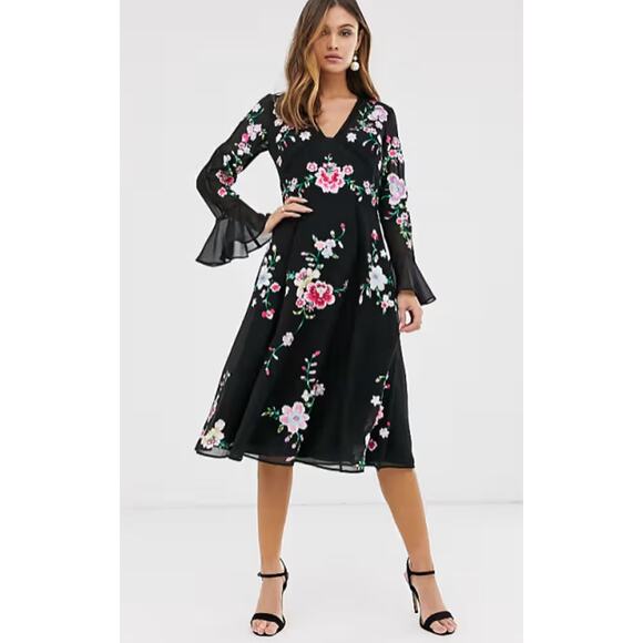 NWOT ASOS DESIGN Embroidered Midi Dress Size S Lace Trims In Black | QUICK SHIP - Picture 1 of 8